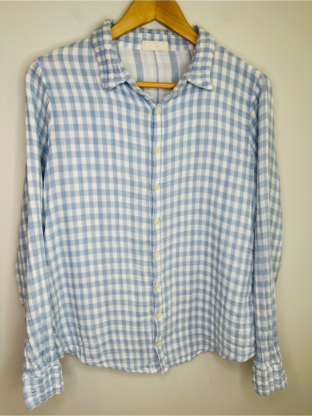 CP Shades Gingham Cotton Gauze Long Sleeve Button Front Shirt in Blue Small EUC